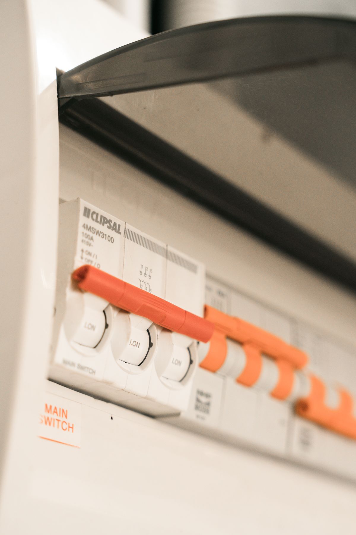 Close-up of a switchboard with MCB circuit breakers
