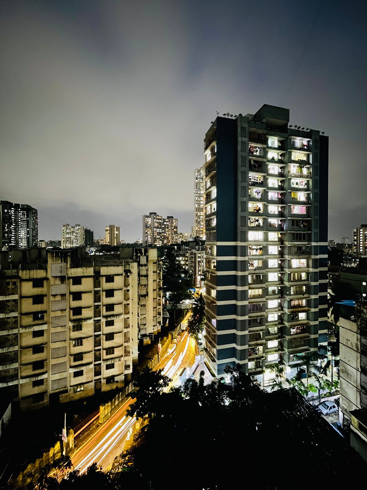 Apartment buildings on an Indian city street