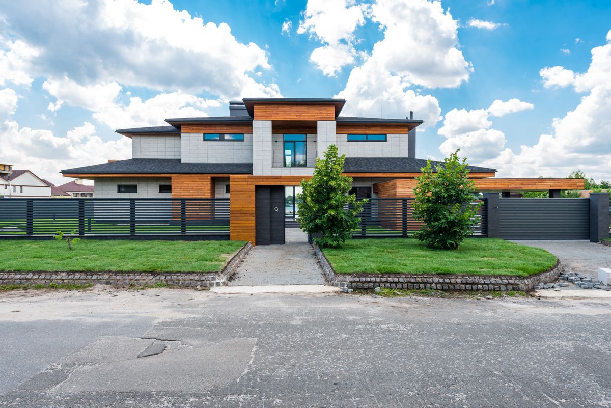 Exterior of a modern villa with garden